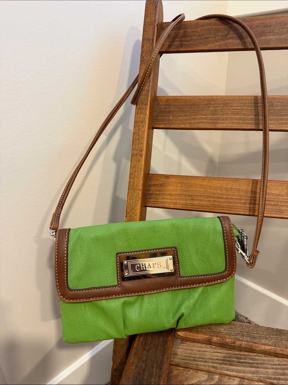 CHAPS Lime Green Crossbody Clutch Purse Brown Trim Foldover Shoulder Bag